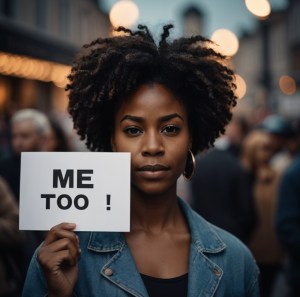 Black woman holding a sign stating "Me Too !"
